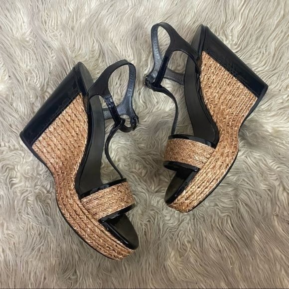 Stuart Weitzman | Natural Straw Espadrille Patent Leather Wedge Platform Sandals - Picture 3 of 11